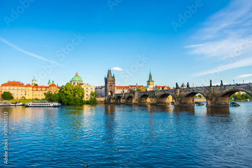 Summer landscape of Prague view of the Ltava river and the famous Charles bridge