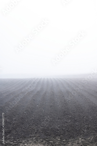 A foggy farm field ready for planting the seeds.