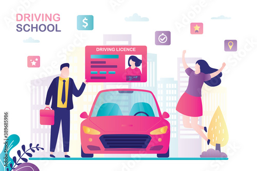 Male teacher or instructor gives female student driver's license. Happy woman driver after passing driving test.