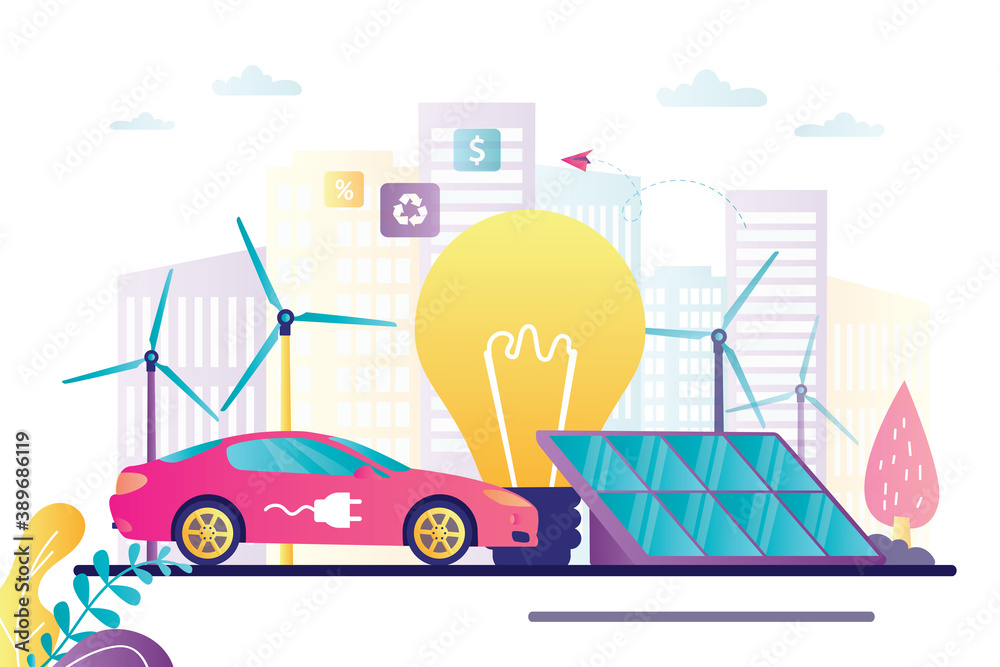 Big light bulb, solar panels and electricity car. Concept of alternative energy and eco friendly Big light bulb, solar panels and electricity car. Concept of alternative energy and eco friendly