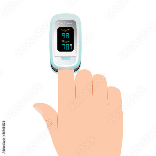Pulse Oximeter on finger. Blood Oxygen Saturation Level Monitor with Heart Rate Detection, medical device icon