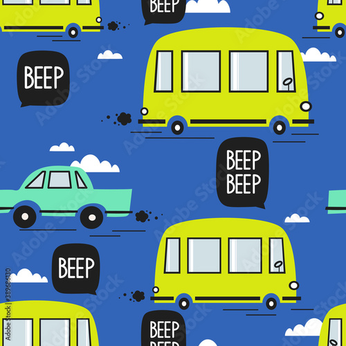 Cars, buses, hand drawn backdrop. Colorful seamless pattern with transport. Decorative cute wallpaper, good for printing. Overlapping colored background vector