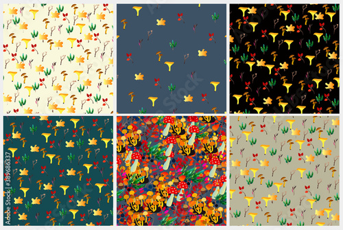 Autumn vector seamless pattern set with berries, acorns, pine cone, mushrooms, branches and leaves.