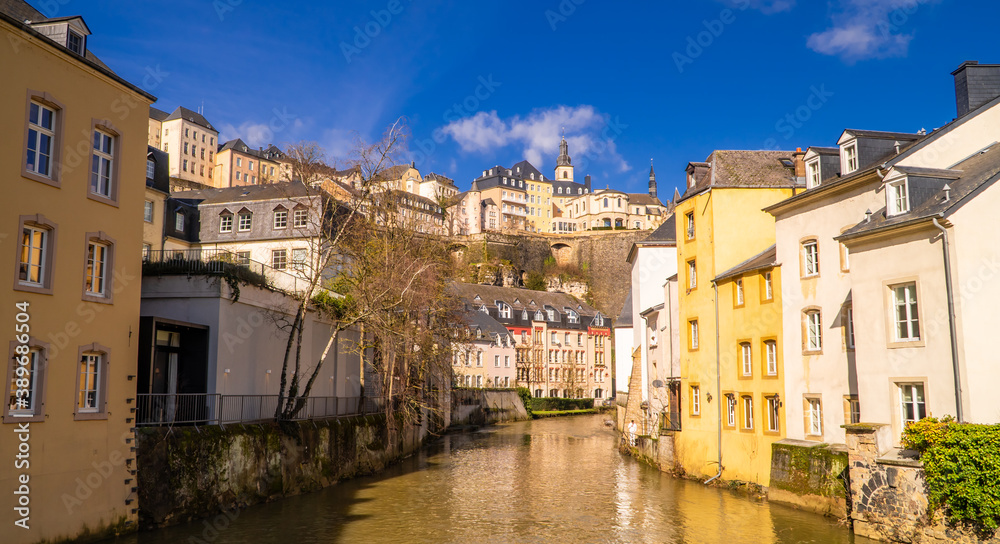 Amazing beautiful canal in the picturesque Grund neighborhood in Luxembourg-City, Luxembourg