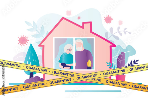 Elderly couple stays at home during global coronavirus pandemic. Grandparents are sitting on forced self-isolation