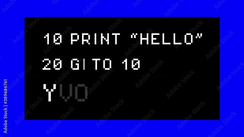 Decoding a fake computer program with a print and a goto command (retrocomputing), with colorful moving side bars. 8-bit retro font, white text on a black background.
Decoding a fake computer program with a print and a goto command (retrocomputing), with colorful moving side bars. 8-bit retro font, white text on a black background.