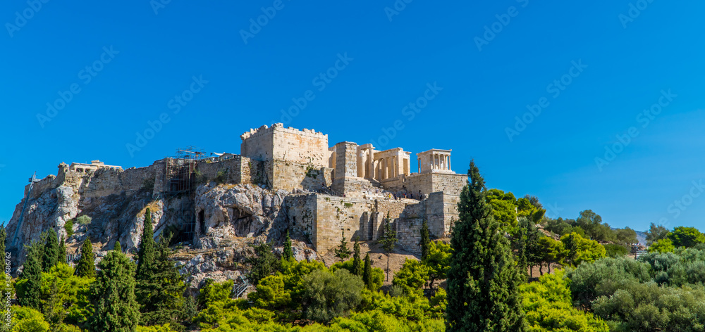 Panoramic view of the temples of the Acropolis in Athens, Greece in beautiful sunlight