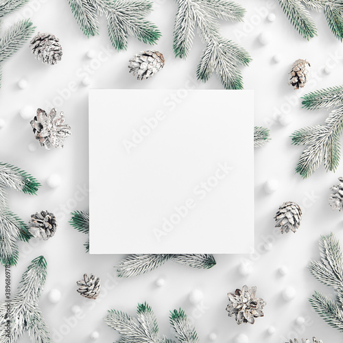 Evergreen tree branch with snow and pine cones. Square composition, flat lay, top view. Snow forest creative minimal layout. White paper blank for design