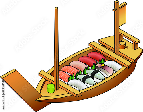 A selection of sushi in a wooden boat platter. A selection of raw seafood sushi.