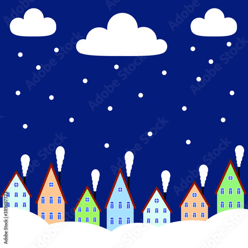 Winter village landscape. Snowy street with several houses. Clouds float across the sky and snow falls. Smoke is coming from the chimneys. Winter postcard