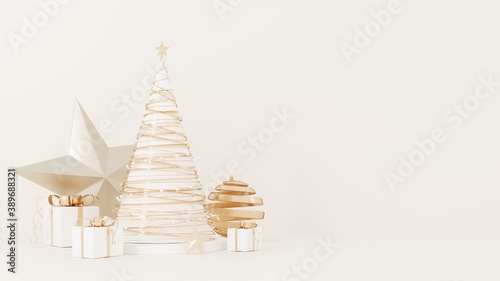 Christmas studio interior with gold platform  toys. Stand  podium  pedestal for goods  shop windows and magazines.New Year greeting card  poster  banner with red gift boxes  presents - 3D  render. 