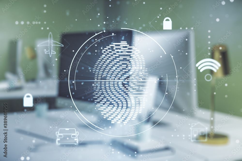 Obraz premium Multi exposure of creative fingerprint hologram on laptop background, personal biometric data concept