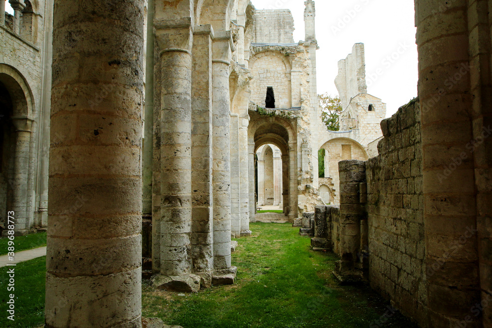 The remains of the cloister in Jumiéges (Abbaye de Jumiéges) in Normandy in France.