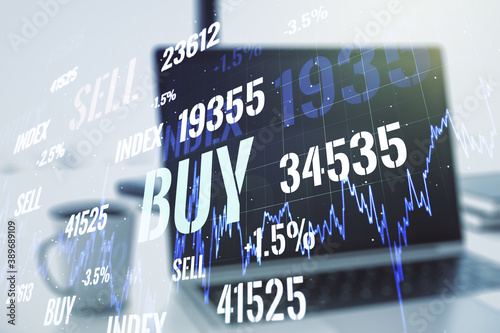 Double exposure of abstract creative financial diagram on modern laptop background, banking and accounting concept