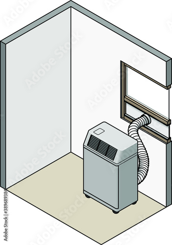 A portable air conditioner with its exhaust hose set up in the window.