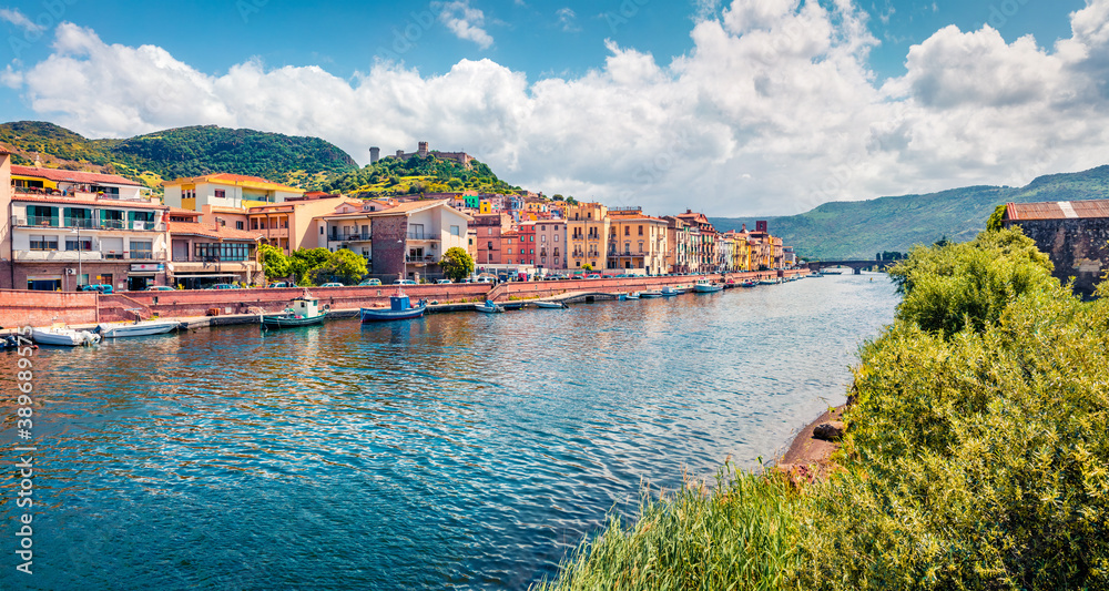 Panoramic spring cityscape of Bosa town with Ponte Vecchio bridge across the Temo river. Spectacular morning view of Sardinia island, Italy, Europe. Traveling concept background.