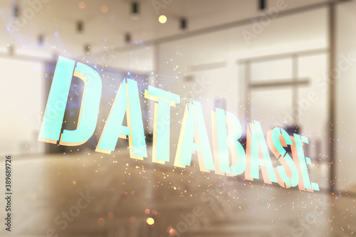 Double exposure of creative Database word hologram on modern corporate office background, research and development concept