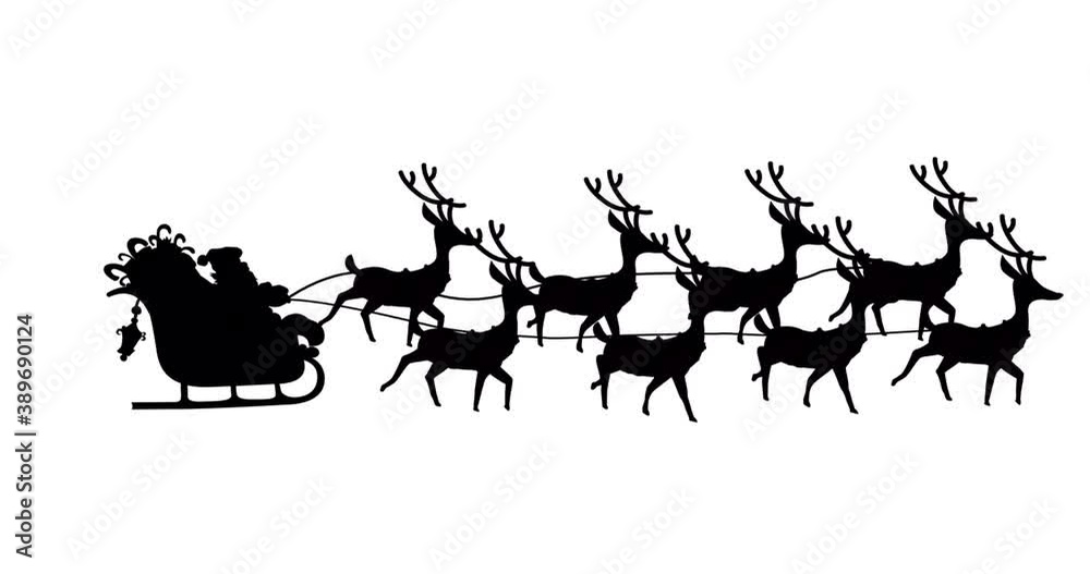 Animation of black silhouette of santa claus in sleigh being pulled by ...