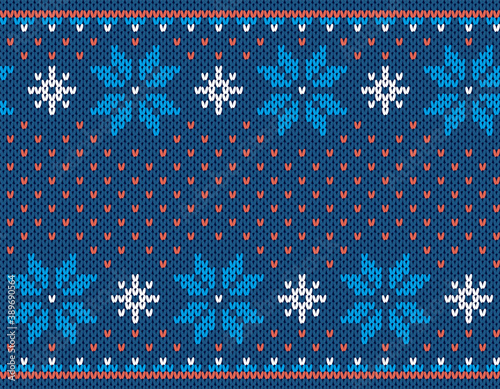 Christmas seamless print. Knit pattern. Vector. Blue knitted sweater texture. Xmas winter geometric ornament . Holiday fair isle traditional background. Wool pullover illustration. Festive crochet.