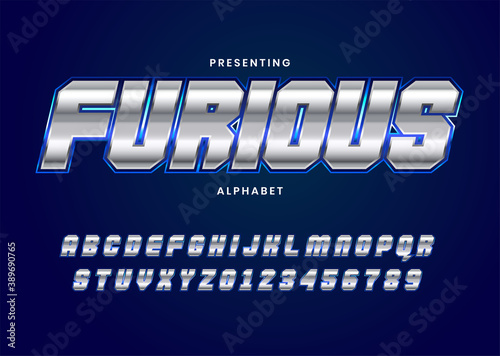 Furious metallic cinematic font style. Typography technology electronic sport digital game music future creative font.