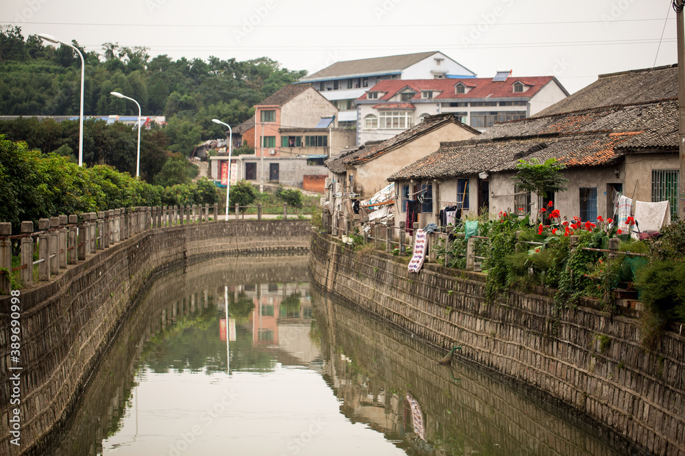 narrow river in a small asian city