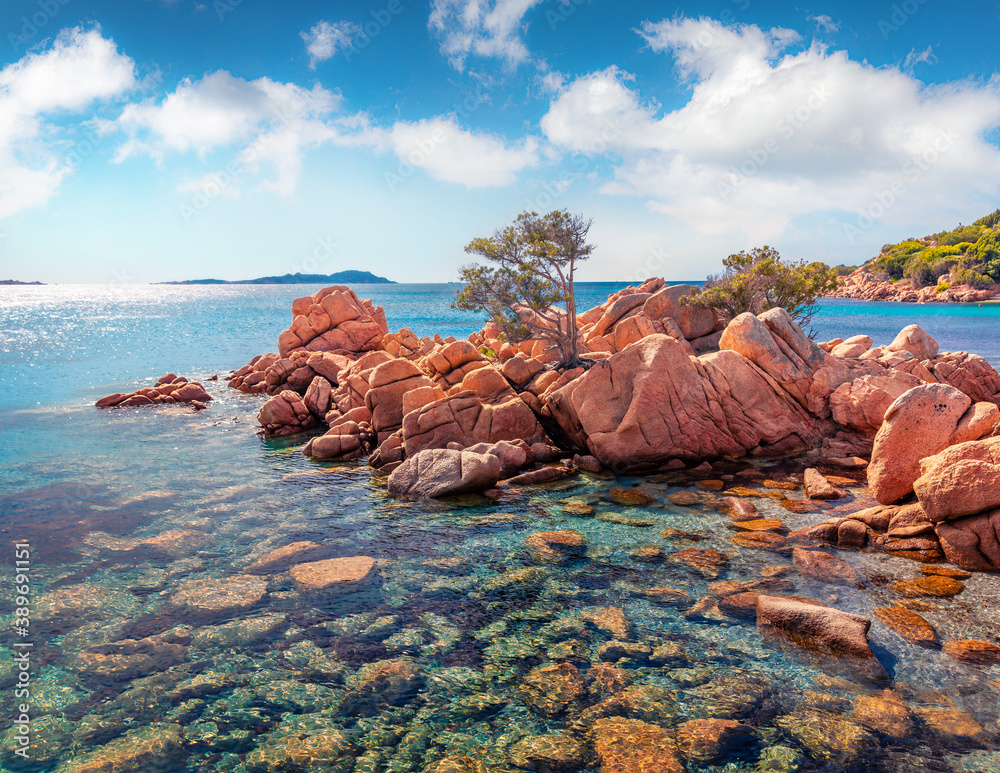 Fabulous summer view of popular touris deastination - Capriccioli beach. Sunny morning scene of public beach with sand & granite rocks nestled in a cove with Mediterranean greenery, Sardinia, Italy.