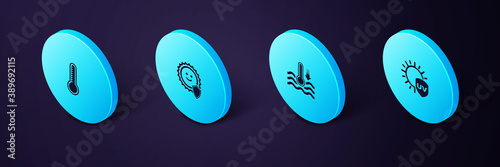 Set Isometric UV protection, Water thermometer, and Meteorology icon. Vector.
