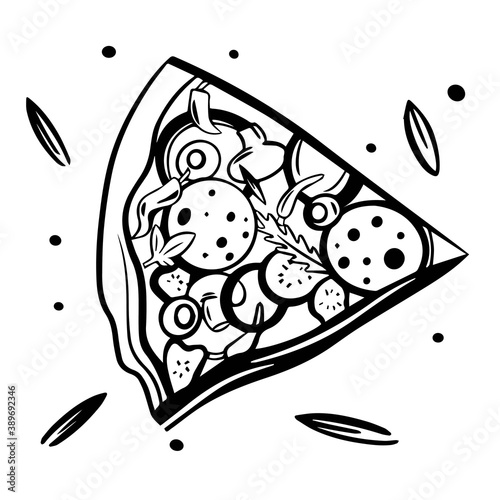 Sketch Vector Pizza slice hand drawing. Pizza illustration ion white background. Great for menu, poster or label.