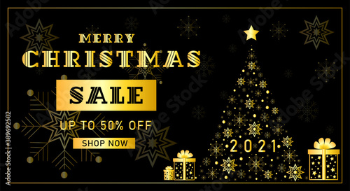Vector illustration Merry Christmas sale up to 50% off on black background. For banner, offer, discount.