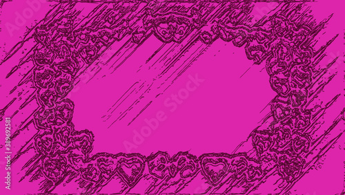 Fototapeta Naklejka Na Ścianę i Meble -  Ornate glow stylish backdrop in dark purple and pink colors for festive card. Cool creative jewellery design great for layout of invitation. Modern art oriental style with frame love heart pattern 
