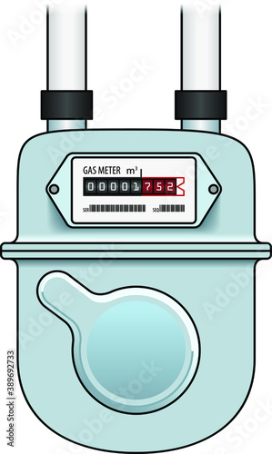 A domestic gas meter. Shown front-on with connecting pipes.
