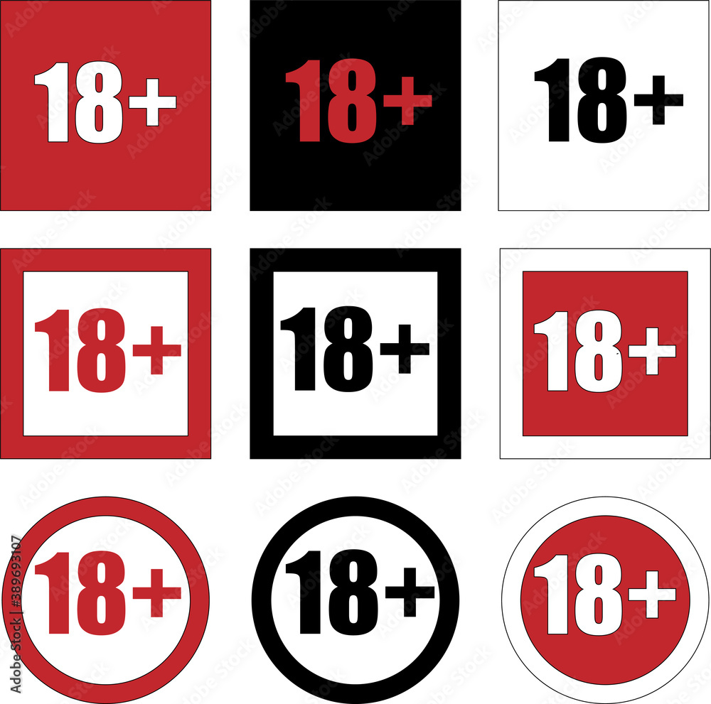 Set of art signs (icons) Eighteen plus, age limit in style color: white, red and black. For adults only, adult content. Isolated 18+ symbol. Vector illustration Set of art signs (icons) Eighteen plus, age limit in style color: white, red and black. For adults only, adult content. Isolated 18+ symbol. Vector illustration