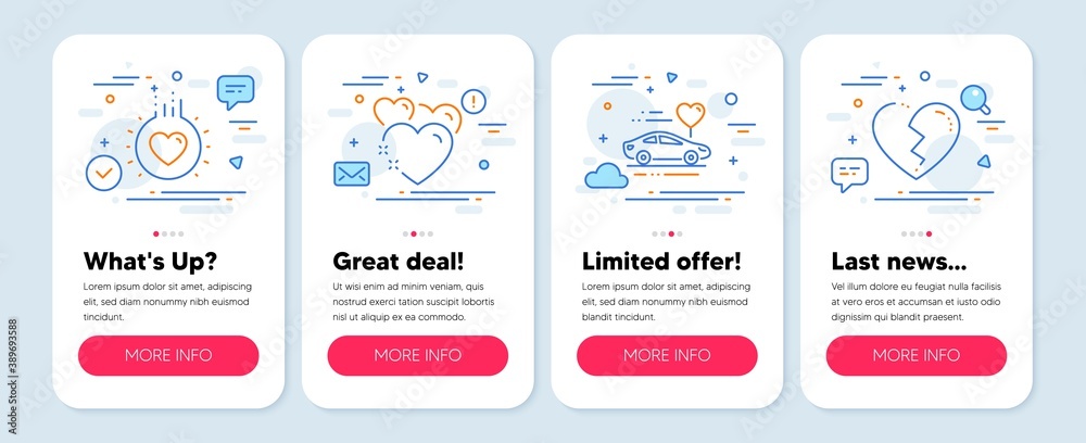 Set of Love icons, such as Heart, Love, Honeymoon travel symbols. Mobile screen mockup banners. Broken heart line icons. Love, Car trip. Heart icons. Mobile app carousel. Application banners. Vector