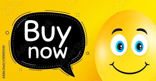 Buy Now. Easter egg with smile face. Special offer price sign. Advertising Discounts symbol. Easter smile character. Buy now black speech bubble. Yellow egg background. Vector