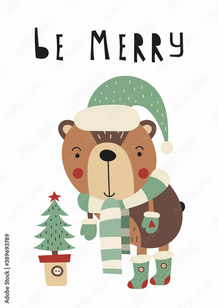 Christmas greeting card design in Scandinavian style. Christmas tree and bear on white background. Vector illustration for winter holiday. Lettering Be merry. Christmas greeting card design in Scandinavian style. Christmas tree and bear on white background. Vector illustration for winter holiday. Lettering Be merry.