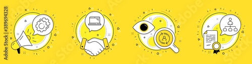 Settings gears, User info and Laptop line icons set. Megaphone, licence and deal vector icons. Management sign. Technology process, Update profile, Computer. Agent. Business set. Vector