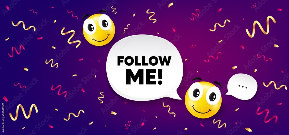 Fototapeta premium Follow me symbol. Smile face with speech bubble. Special offer sign. Super offer. Smile character with confetti. Follow me speech bubble icon. Yellow face background. Vector