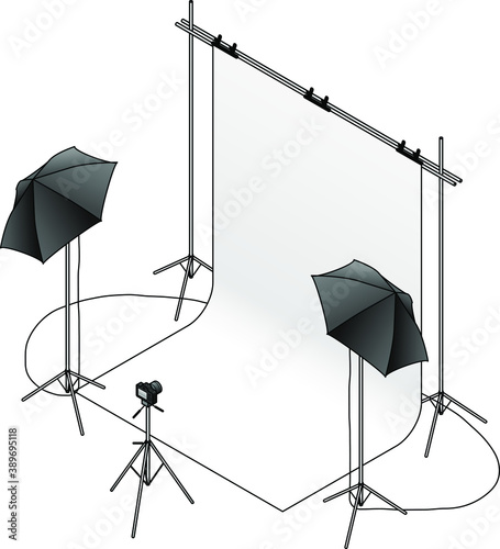 A photo studio set up with a backdrop, umbrella flash lights on tripods, and a camera.