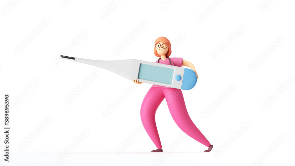 3d render, cartoon character woman doctor wears pink uniform and stethoscope, holds big thermometer, medical clip art isolated on white background. Blank mockup with copy space