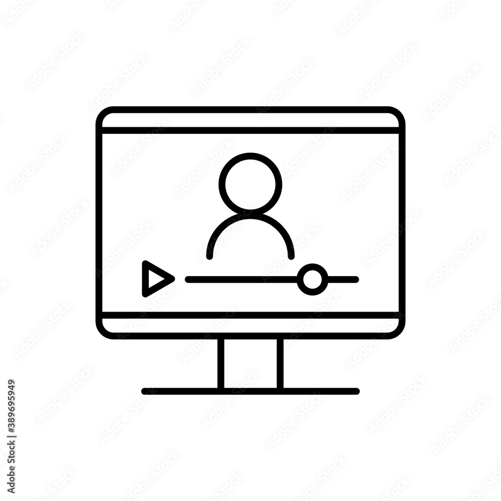 Online lesson icon. Video training symbol. Linear vector icon. Person talking in screen. Online lesson icon. Video training symbol. Linear vector icon. Person talking in screen.