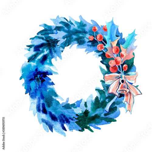 Watercolor illustration of a Christmas wreath with a sprig of holly bow and bell. Design for postcards, invitations, holiday packaging, labels, printing on clothes, website.