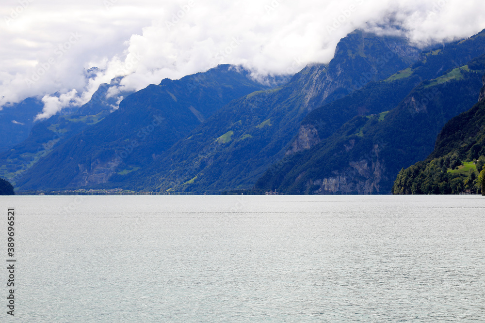 Mountains on Lake Lucerne on a cloudy day