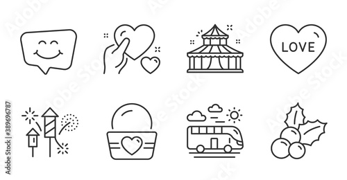 Circus, Fireworks rocket and Smile chat line icons set. Ice cream, Bus travel and Christmas holly signs. Hold heart, Love symbols. Attraction park, Pyrotechnic salute, Happy face. Vector