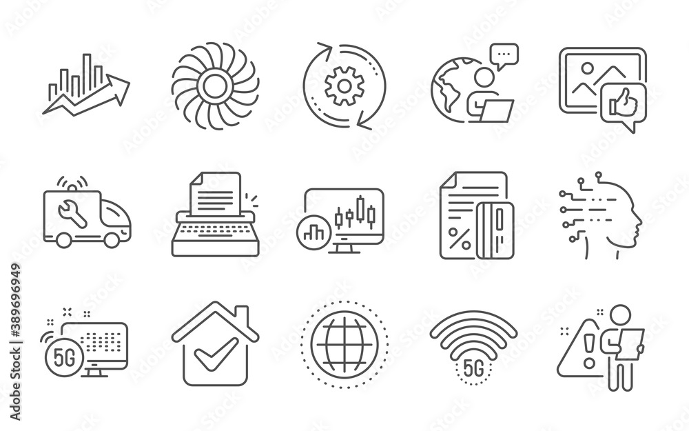 Fan engine, 5g wifi and Cogwheel line icons set. Typewriter, Artificial intelligence and Car service signs. Credit card, 5g internet and Like photo symbols. Line icons set. Vector Fan engine, 5g wifi and Cogwheel line icons set. Typewriter, Artificial intelligence and Car service signs. Credit card, 5g internet and Like photo symbols. Line icons set. Vector
