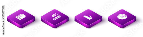 Set Isometric Gear shifter, Car gas and brake pedals, handbrake and Speedometer icon. Vector.