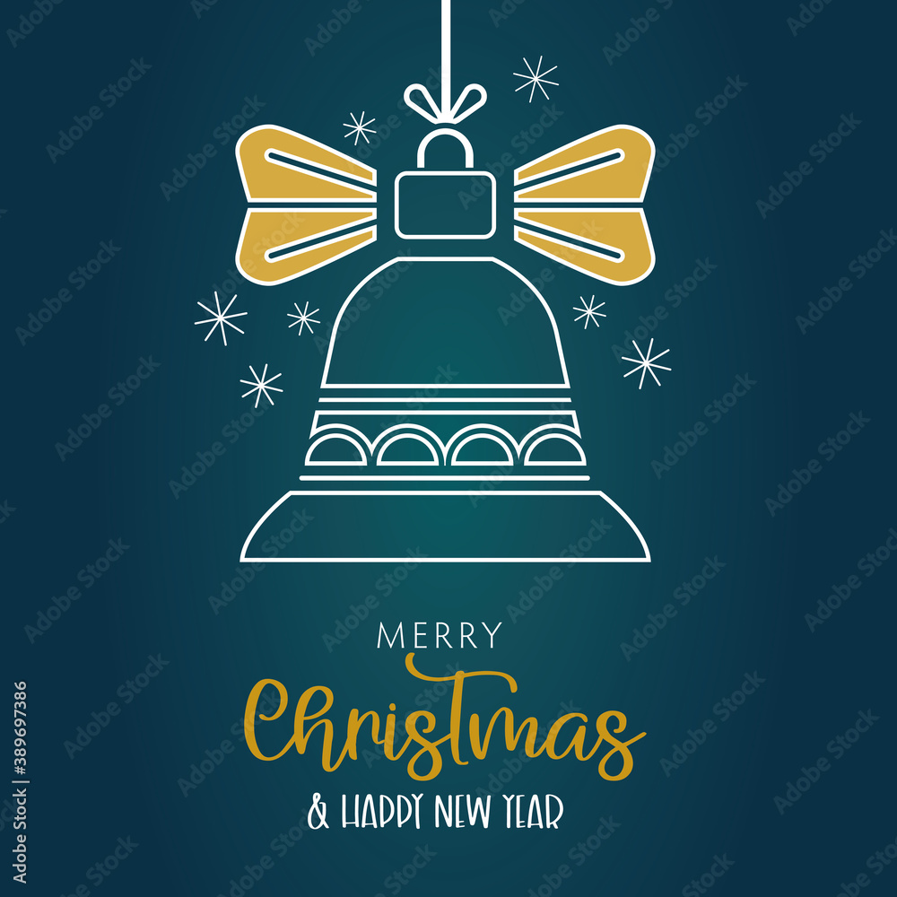 Merry Christmas and Happy New Year Card Vector Illustration on green background with Christmas bell Merry Christmas and Happy New Year Card Vector Illustration on green background with Christmas bell
