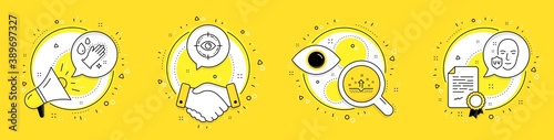 Clean skin, Eye target and Washing hands line icons set. Megaphone, licence and deal vector icons. Uv protection sign. Cosmetics, Optometry, Gloves. Ultraviolet. Medical set. Vector