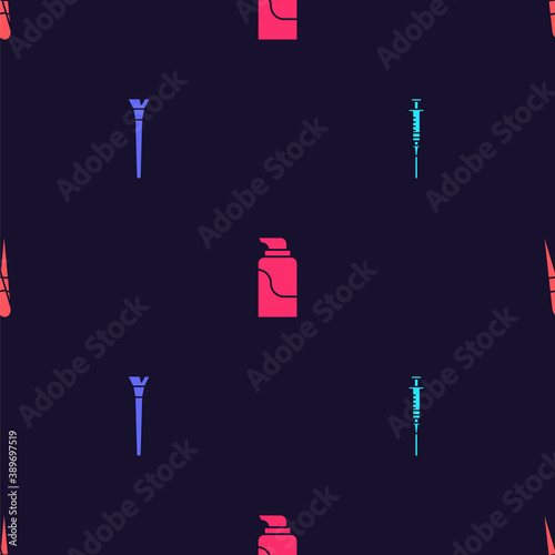 Set Syringe, Makeup brush, Cream cosmetic tube and Eyebrow tweezers on seamless pattern. Vector.