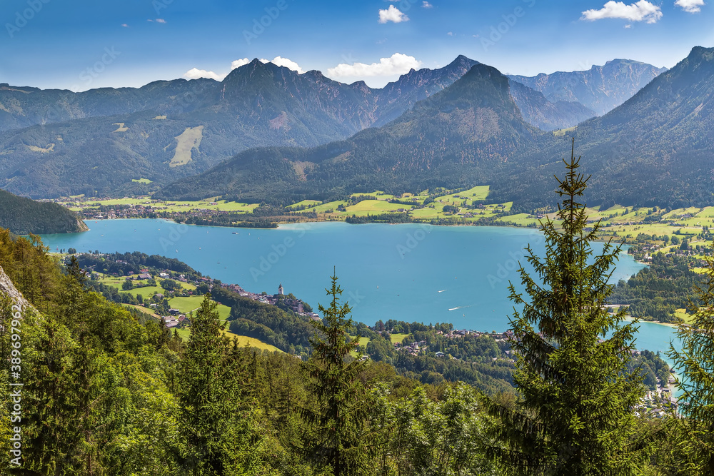 Fototapeta premium View of Wolfgangsee lake from Schafberg mountain, Austria