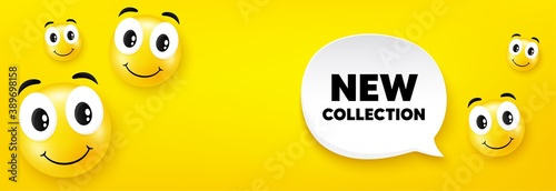 New collection. Smile face with speech bubble. New fashion arrival sign. Advertising offer symbol. Smile character. New collection speech bubble icon. Yellow face background. Vector